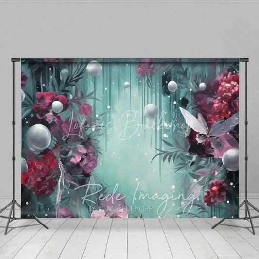 Lofaris Fantasy Floral Pearl Photography Backdrop Burgundy Flowers Teal Green Mist Background Dreamy Artistic Photo Prop