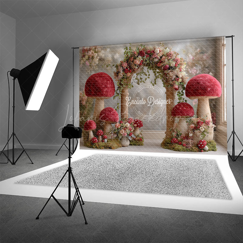 Lofaris Fantasy Mushroom Arch Photography Backdrop Red Toadstools with Floral Garland Enchanted Wedding Photo Background