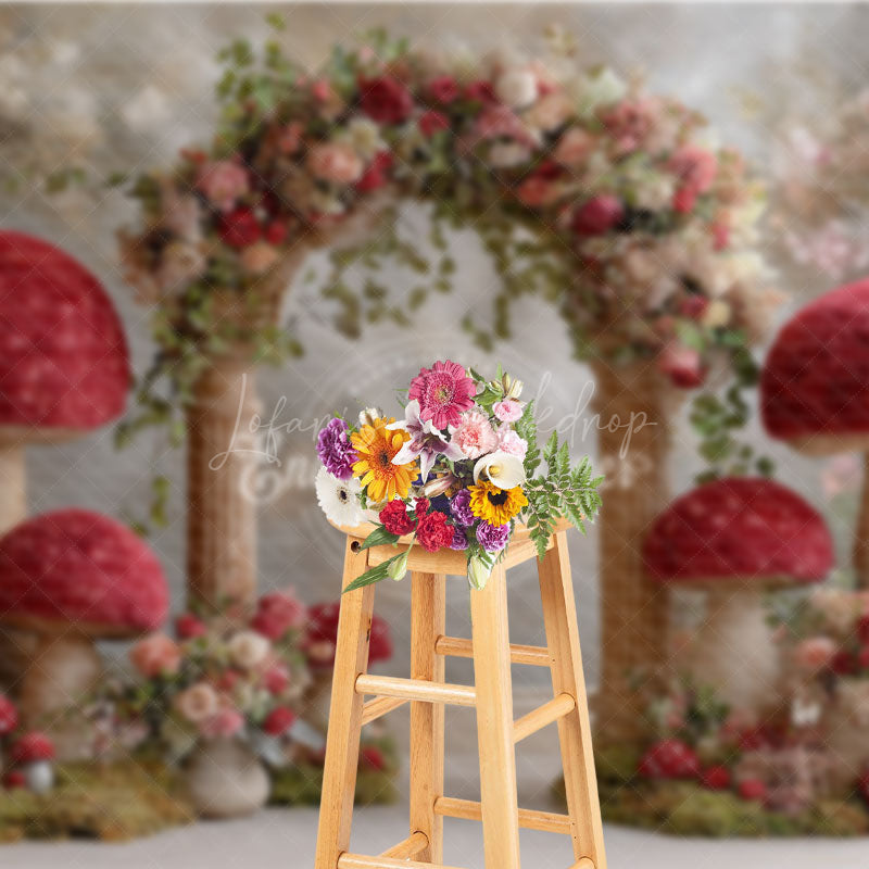 Lofaris Fantasy Mushroom Arch Photography Backdrop Red Toadstools with Floral Garland Enchanted Wedding Photo Background