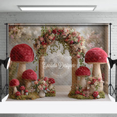 Lofaris Fantasy Mushroom Arch Photography Backdrop Red Toadstools with Floral Garland Enchanted Wedding Photo Background