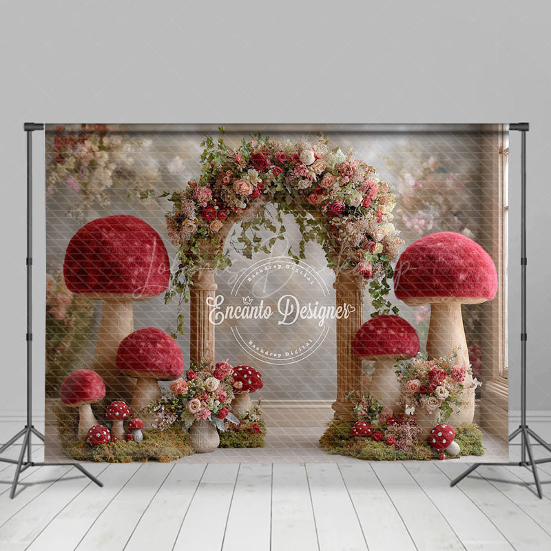 Lofaris Fantasy Mushroom Arch Photography Backdrop Red Toadstools with Floral Garland Enchanted Wedding Photo Background