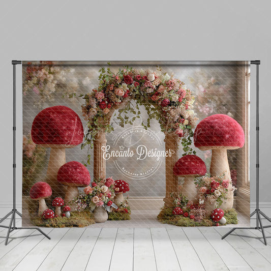 Lofaris Fantasy Mushroom Arch Photography Backdrop Red Toadstools with Floral Garland Enchanted Wedding Photo Background