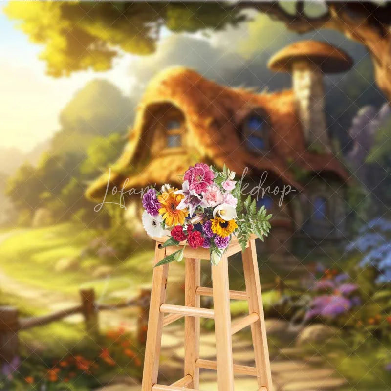 Lofaris Fantasy Mushroom House Photography Backdrop Fairytale Forest Cottage Photo Background Magic Garden Path Booth Prop