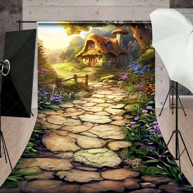 Lofaris Fantasy Mushroom House Sweep Photo Backdrop Fairytale Forest Cottage Background Magic Garden Path Floor Prop