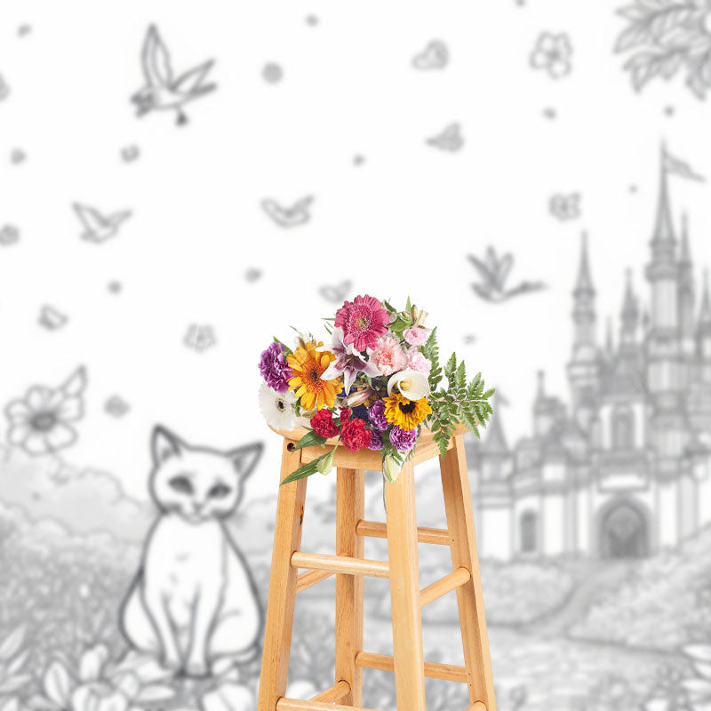 Lofaris Fantasy Scene Sitting Cat Flowers Castle Backdrop