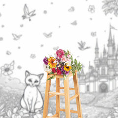 Lofaris Fantasy Scene Sitting Cat Flowers Castle Backdrop