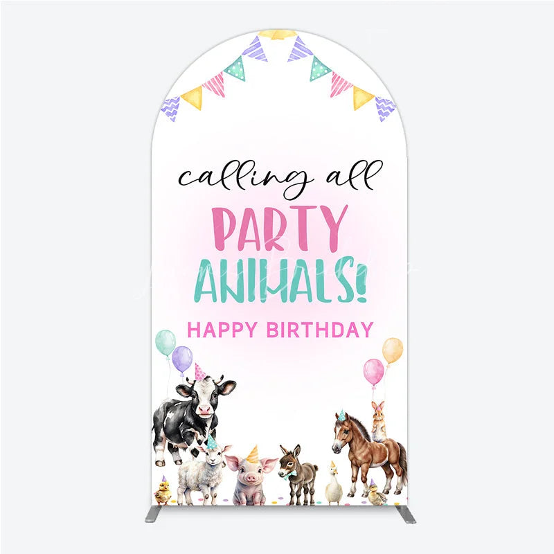Lofaris Farm Animals Birthday Arched Backdrop ’Calling All Party Animals’ for Rustic Farmhouse Barnyard Decor