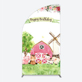 Lofaris Farm Animals Birthday Half Moon Arch Backdrop for Girl Watercolor Pink Barnyard and Floral Theme Happy Party Decor