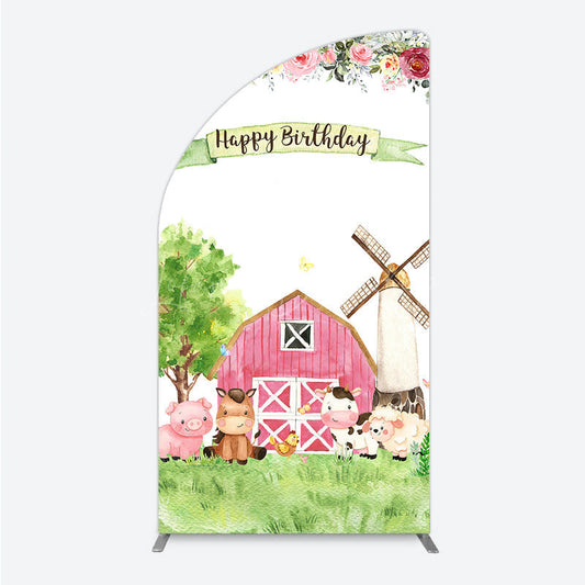 Lofaris Farm Animals Birthday Half Moon Arch Backdrop for Girl Watercolor Pink Barnyard and Floral Theme Happy Party Decor