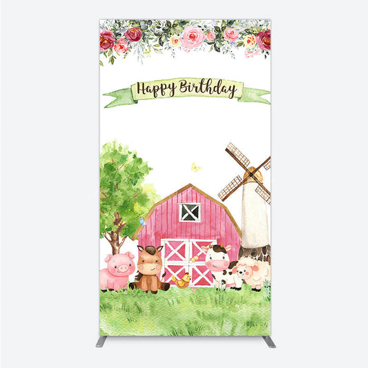 Lofaris Farm Animals Birthday Rectangle Backdrop for Girl Watercolor Pink Barnyard and Floral Theme Happy Party Decor