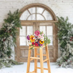 Lofaris Farmhouse Christmas Backdrop Rustic Wood Arched Door Snowy Pine Garland White Brick Wall Background