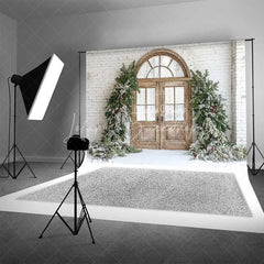 Lofaris Farmhouse Christmas Backdrop Rustic Wood Arched Door Snowy Pine Garland White Brick Wall Background
