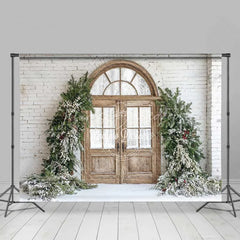 Lofaris Farmhouse Christmas Backdrop Rustic Wood Arched Door Snowy Pine Garland White Brick Wall Background