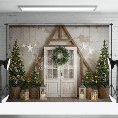Lofaris Farmhouse Christmas Door Photography Backdrop Rustic A-Frame with Trees Holiday Mini Session Background
