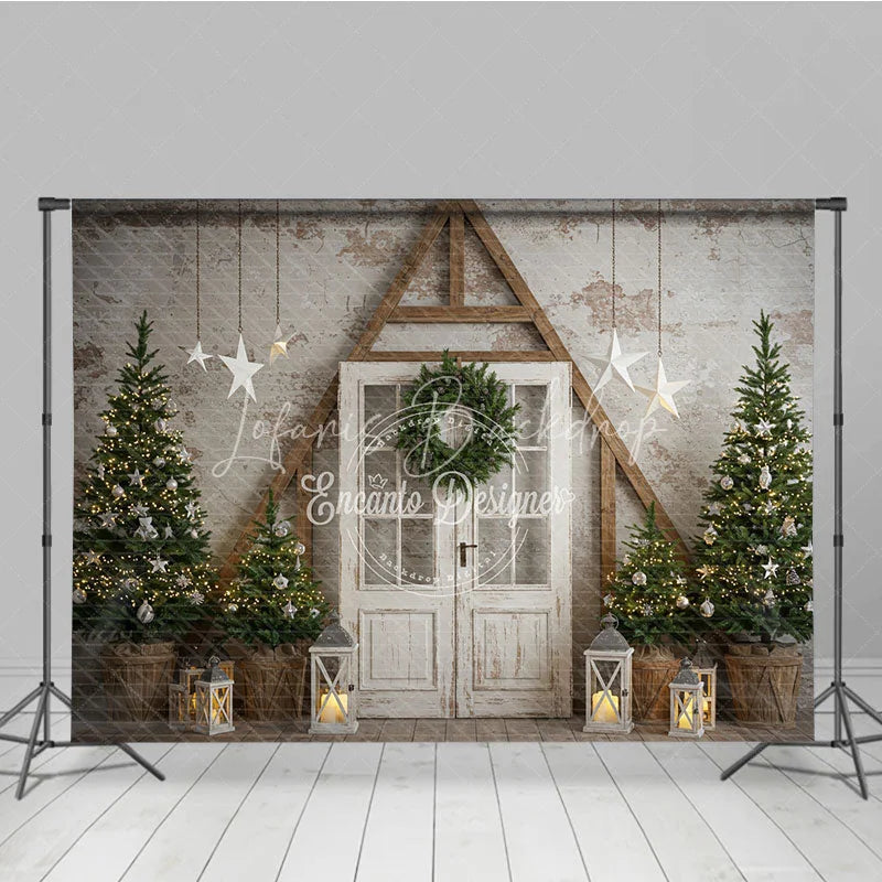 Lofaris Farmhouse Christmas Door Photography Backdrop Rustic A-Frame with Trees Holiday Mini Session Background