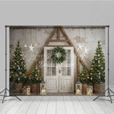 Lofaris Farmhouse Christmas Door Photography Backdrop Rustic A-Frame with Trees Holiday Mini Session Background