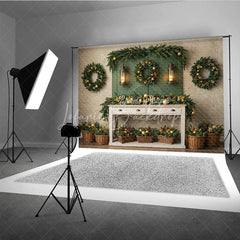 Lofaris Farmhouse Christmas Photography Backdrop Green Wall with Wreaths and Lanterns Rustic Holiday Photo Background