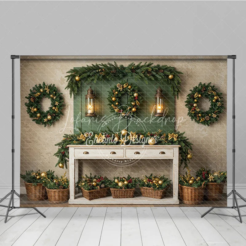 Lofaris Farmhouse Christmas Photography Backdrop Green Wall with Wreaths and Lanterns Rustic Holiday Photo Background