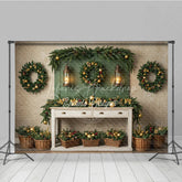 Lofaris Farmhouse Christmas Photography Backdrop Green Wall with Wreaths and Lanterns Rustic Holiday Photo Background