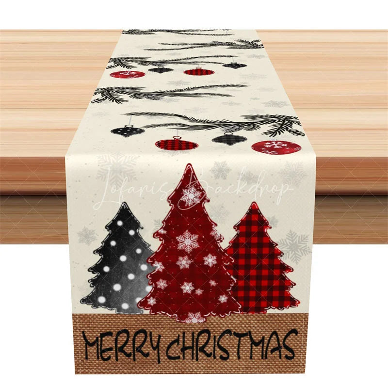 Lofaris Farmhouse Christmas Table Runner Beige Burlap with Pine Branch Plaid Trees Holiday Decor