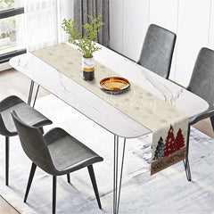 Lofaris Farmhouse Christmas Table Runner Beige Burlap with Plaid Trees Merry Decor