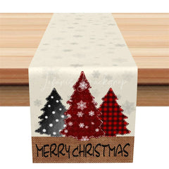 Lofaris Farmhouse Christmas Table Runner Beige Burlap with Plaid Trees Merry Decor