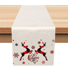 Lofaris Farmhouse Christmas Table Runner Beige with Plaid Reindeer Believe Text Holiday Decor