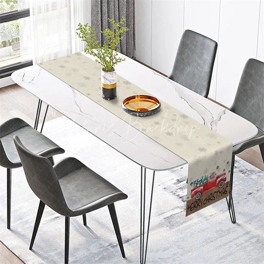 Lofaris Farmhouse Christmas Table Runner Beige Snowflake Vintage Red Truck Holiday Decor