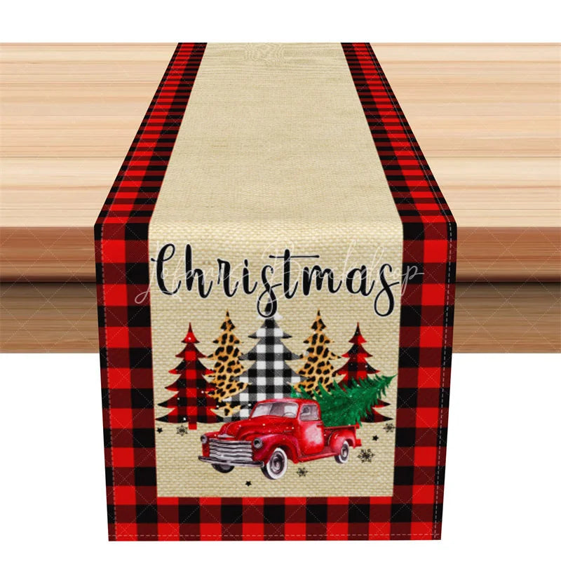 Lofaris Farmhouse Christmas Table Runner Burlap with Red Truck Buffalo Plaid Border Decor