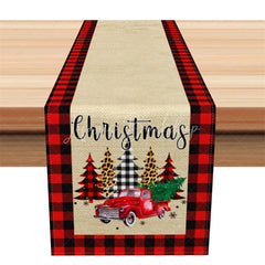 Lofaris Farmhouse Christmas Table Runner Burlap with Red Truck Buffalo Plaid Border Decor