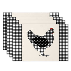 Lofaris Farmhouse Hens Black White Plaid Set of 4 Placemats