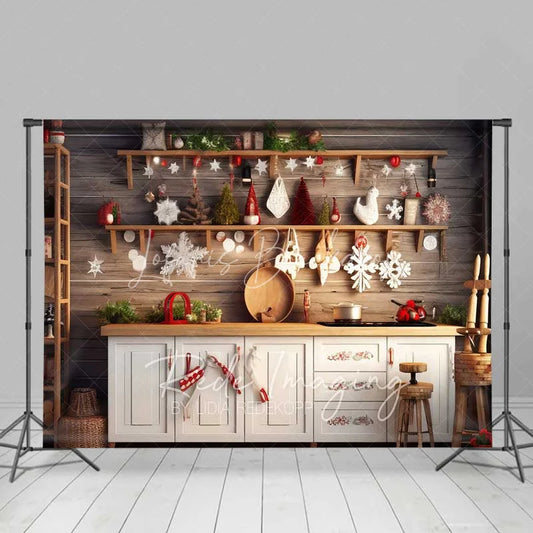 Lofaris Farmhouse Pantry Christmas Backdrop Wooden Shelves White Ornaments Rustic Kitchen Wall Photo Background