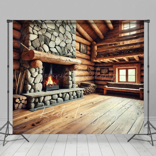 Lofaris Fathers Day Rustic Wood Cabin Fireplace Photo Backdrop