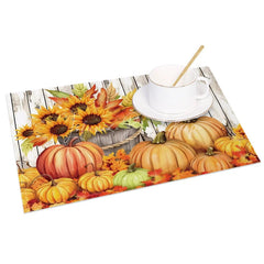 Lofaris Faux Wood Texture Set of 4 Placemats with Pumpkin and Sunflower for Rustic Fall Thanksgiving