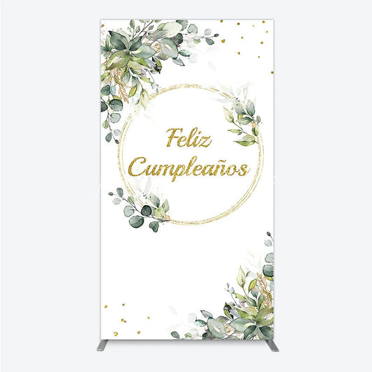 Lofaris Feliz Cumplea?os Rectangle Backdrop Eucalyptus Greenery Gold Frame Birthday Party Decor