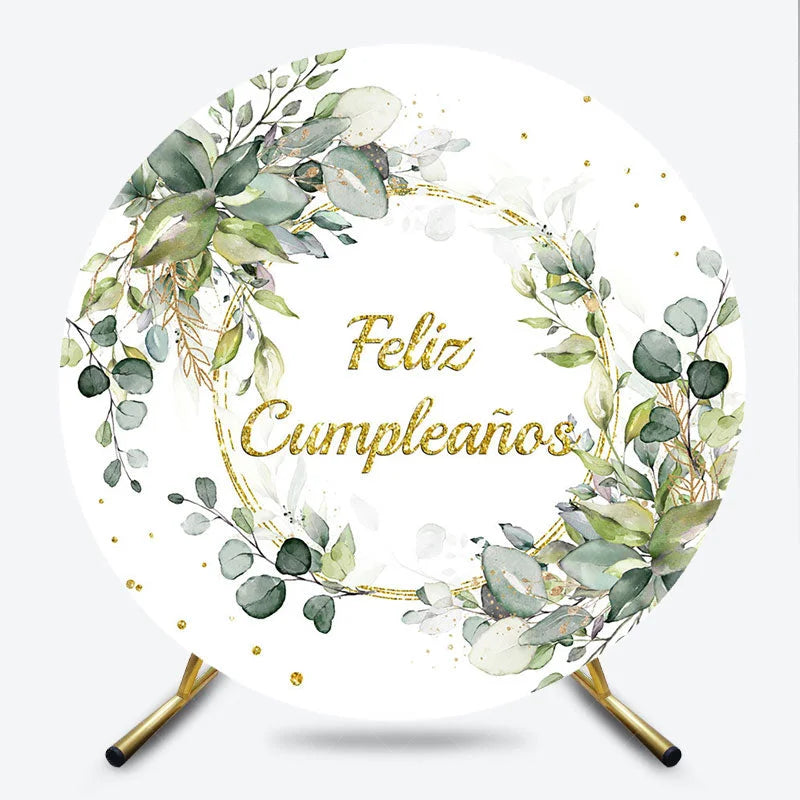 Lofaris Feliz Cumpleanos Eucalyptus Round Backdrop Green Leaves and Gold Glitter Ring Birthday Background