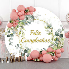 Lofaris Feliz Cumpleanos Eucalyptus Round Backdrop Green Leaves and Gold Glitter Ring Birthday Background