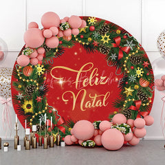 Lofaris Feliz Natal Red Round Backdrop Christmas Wreath Pine Cone Decor Prop