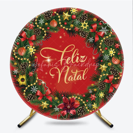 Lofaris Feliz Natal Red Round Backdrop Christmas Wreath Pine Cone Decor Prop