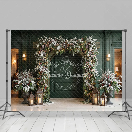 Lofaris Festive Archway Holiday Backdrop with Frosted Pine Pinecones and Warm Lights Elegant Winter Decor