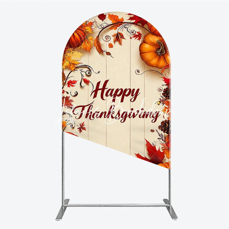 Lofaris Festive Autumn Happy Thanksgiving Round Top Arch Backdrop with Pumpkins and Fall Leaves Rustic Wooden Background Decor