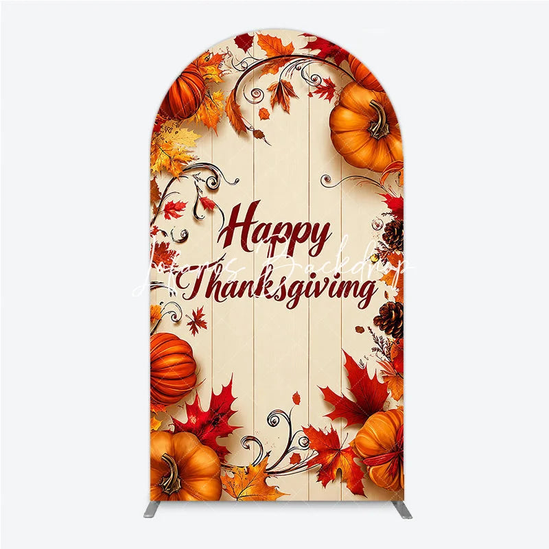 Lofaris Festive Autumn Happy Thanksgiving Round Top Arch Backdrop with Pumpkins and Fall Leaves Rustic Wooden Background Decor