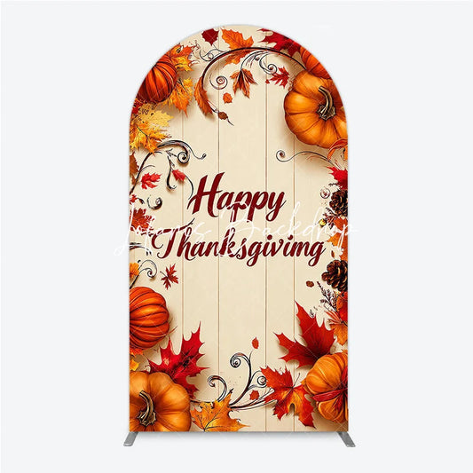 Lofaris Festive Autumn Happy Thanksgiving Round Top Arch Backdrop with Pumpkins and Fall Leaves Rustic Wooden Background Decor