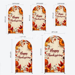 Lofaris Festive Autumn Happy Thanksgiving Round Top Arch Backdrop with Pumpkins and Fall Leaves Rustic Wooden Background Decor