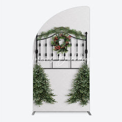 Lofaris Festive Black Metal Half Moon Arch Backdrop with Christmas Wreath Pine Garland and Red Berries Holiday Party Decor.