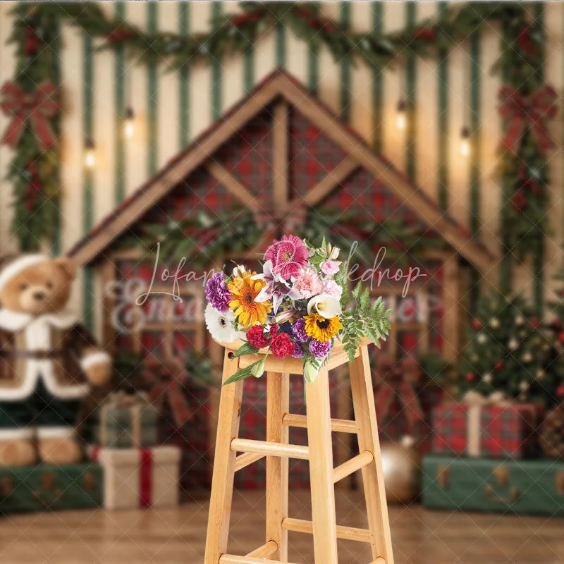 Lofaris Festive Christmas Cabin and Teddy Bear Holiday Backdrop Decorated Trees with Gifts Winter Decor