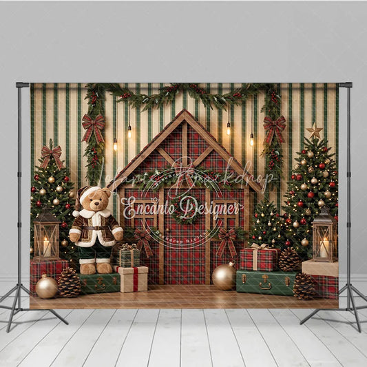 Lofaris Festive Christmas Cabin and Teddy Bear Holiday Backdrop Decorated Trees with Gifts Winter Decor