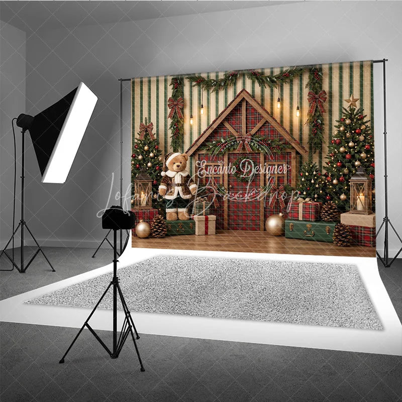 Lofaris Festive Christmas Cabin and Teddy Bear Holiday Backdrop Decorated Trees with Gifts Winter Decor