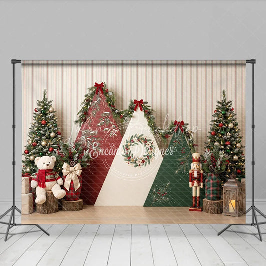 Lofaris Festive Christmas Holiday Backdrop with Decorated Trees and Triangular Winter Panels Cozy Decor