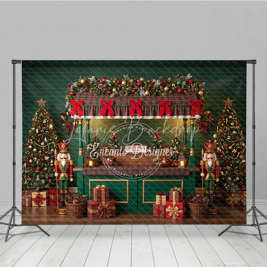 Lofaris Festive Christmas Market Stall Holiday Backdrop with Plaid Canopy Decorated Trees and Wrapped Gifts